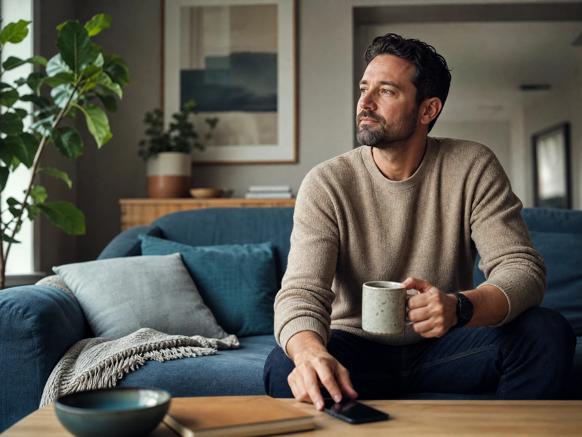 Adult man pausing quietly at home with a warm mug
