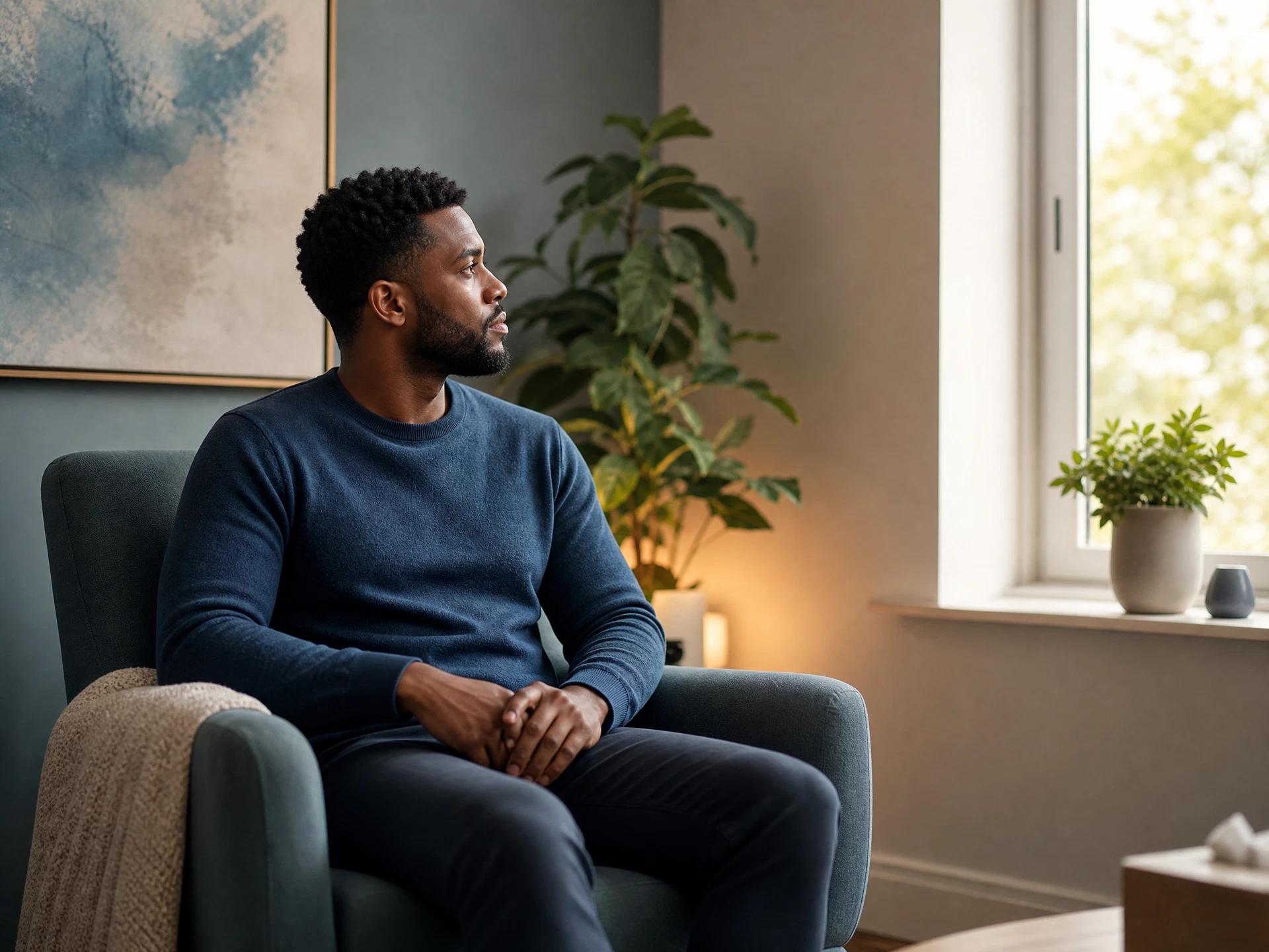 Adult man reflecting quietly in a comfortable therapy office
