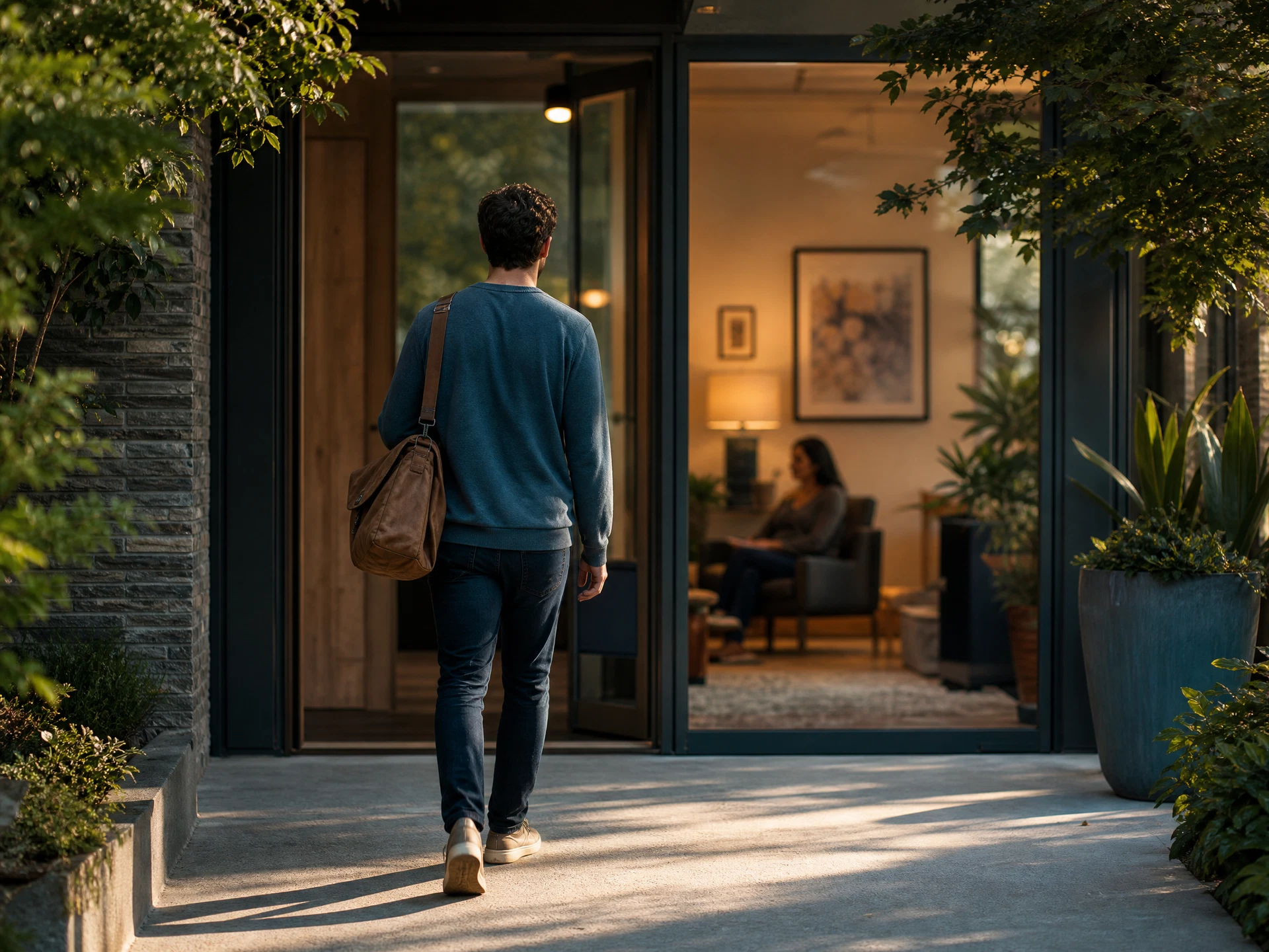 Adult man walking toward a welcoming therapy office