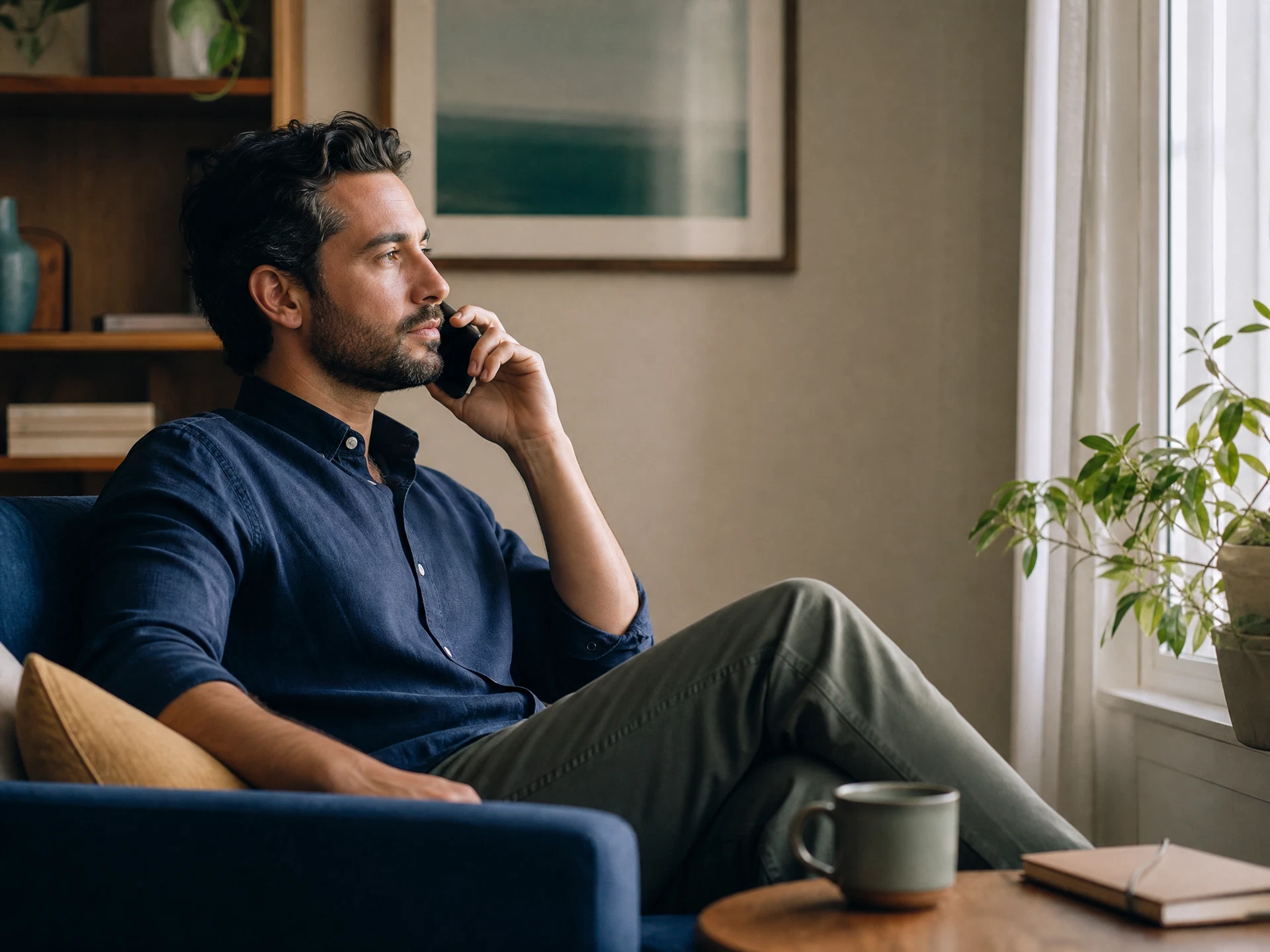 Adult man taking a calm phone call near a bright window