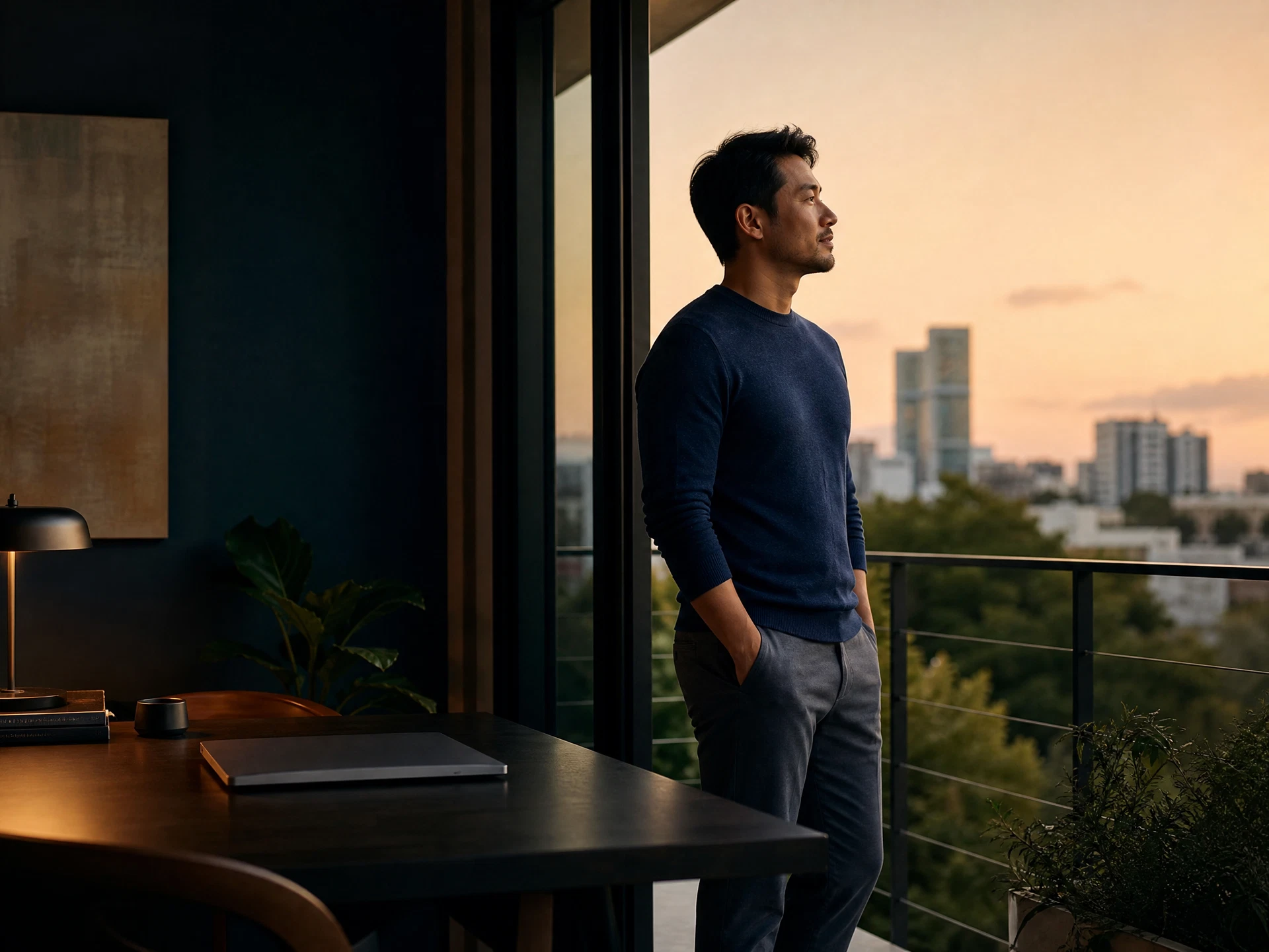 Adult man taking a quiet early-evening pause after work