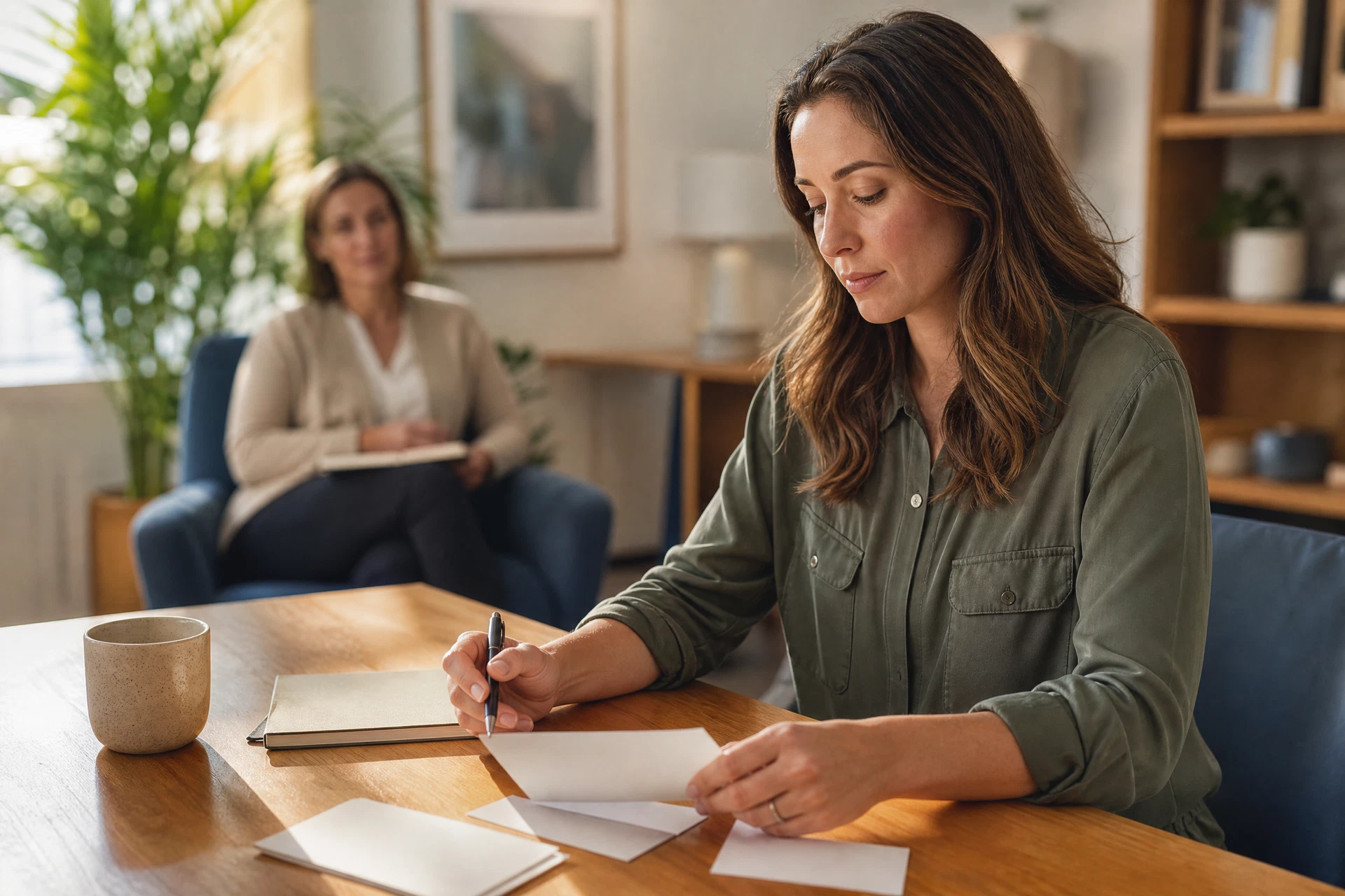 Adult organizing blank note cards in a bright therapy office.