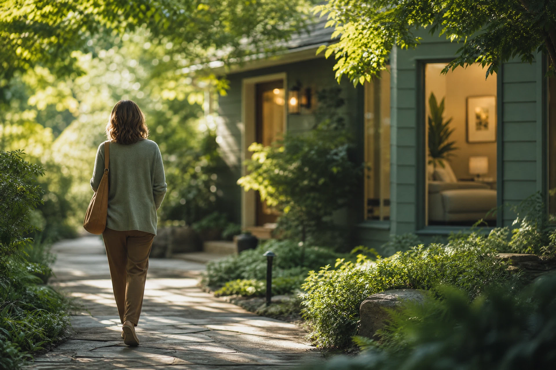 Adult walking along a garden pathway toward a therapy studio.