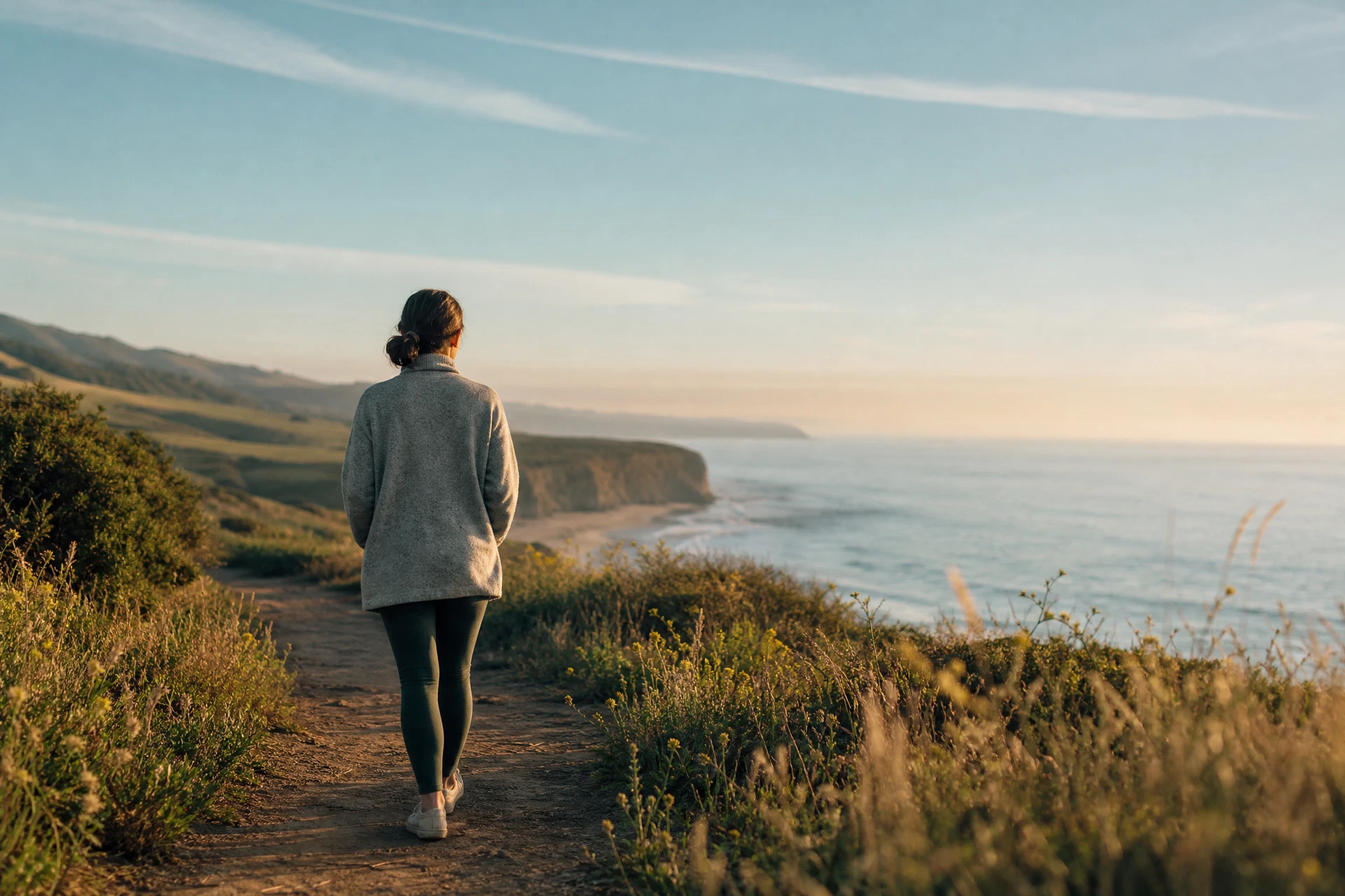 Adult walking on a peaceful coastal path at dawn.