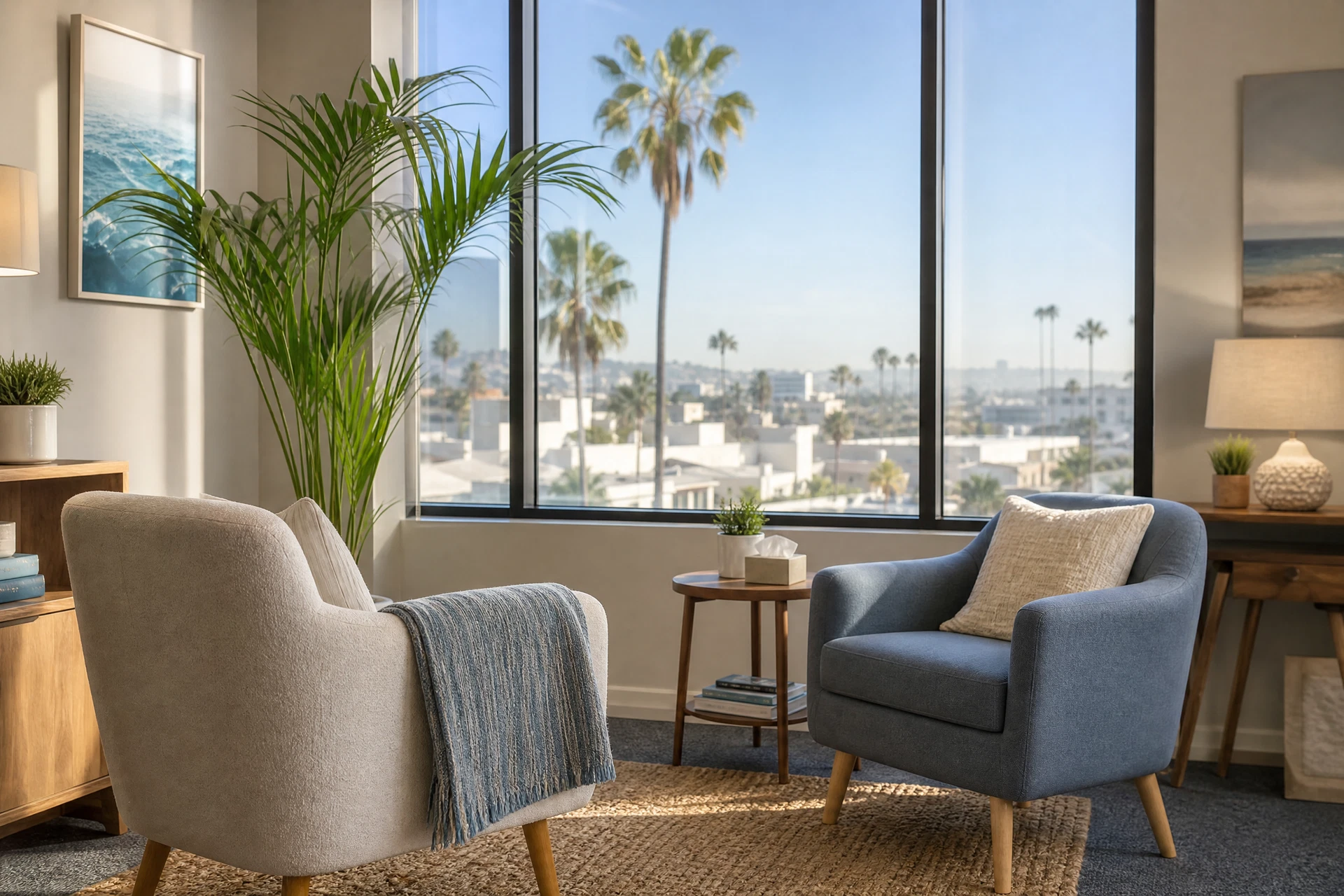 Sunlit modern therapy office in a Southern California setting.