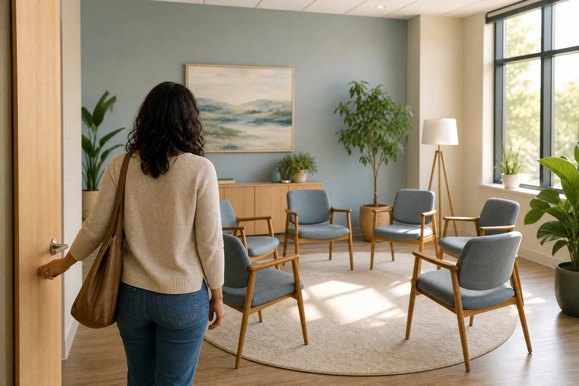 Welcoming therapy room with chairs arranged in a circle.