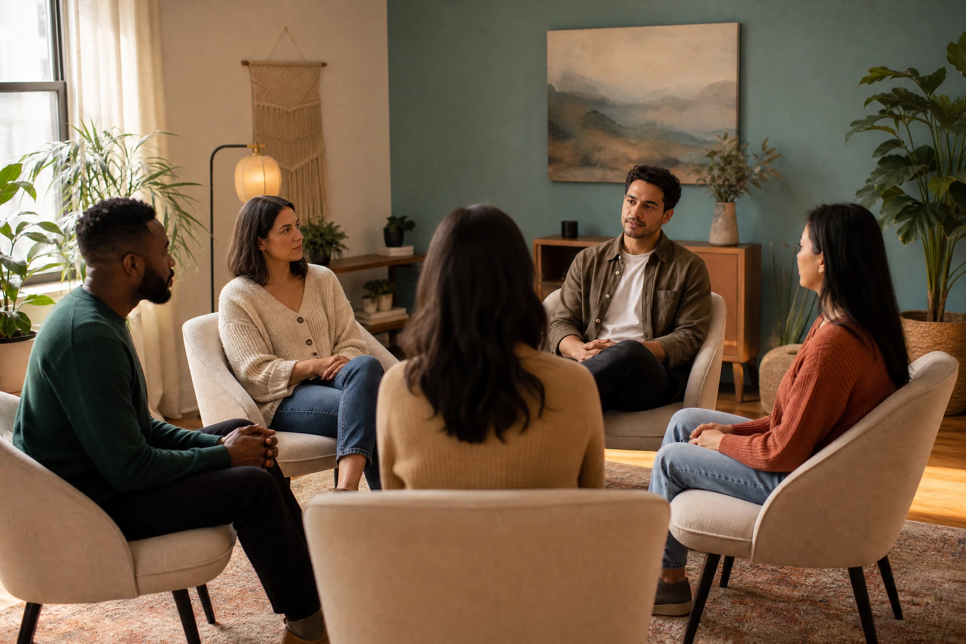 Welcoming small group therapy circle in a bright room.