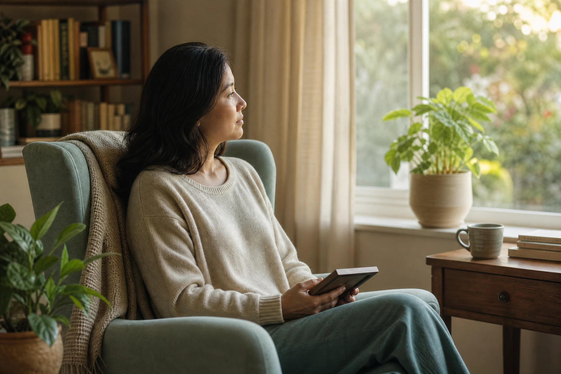 Reflective adult in a peaceful home reading chair.