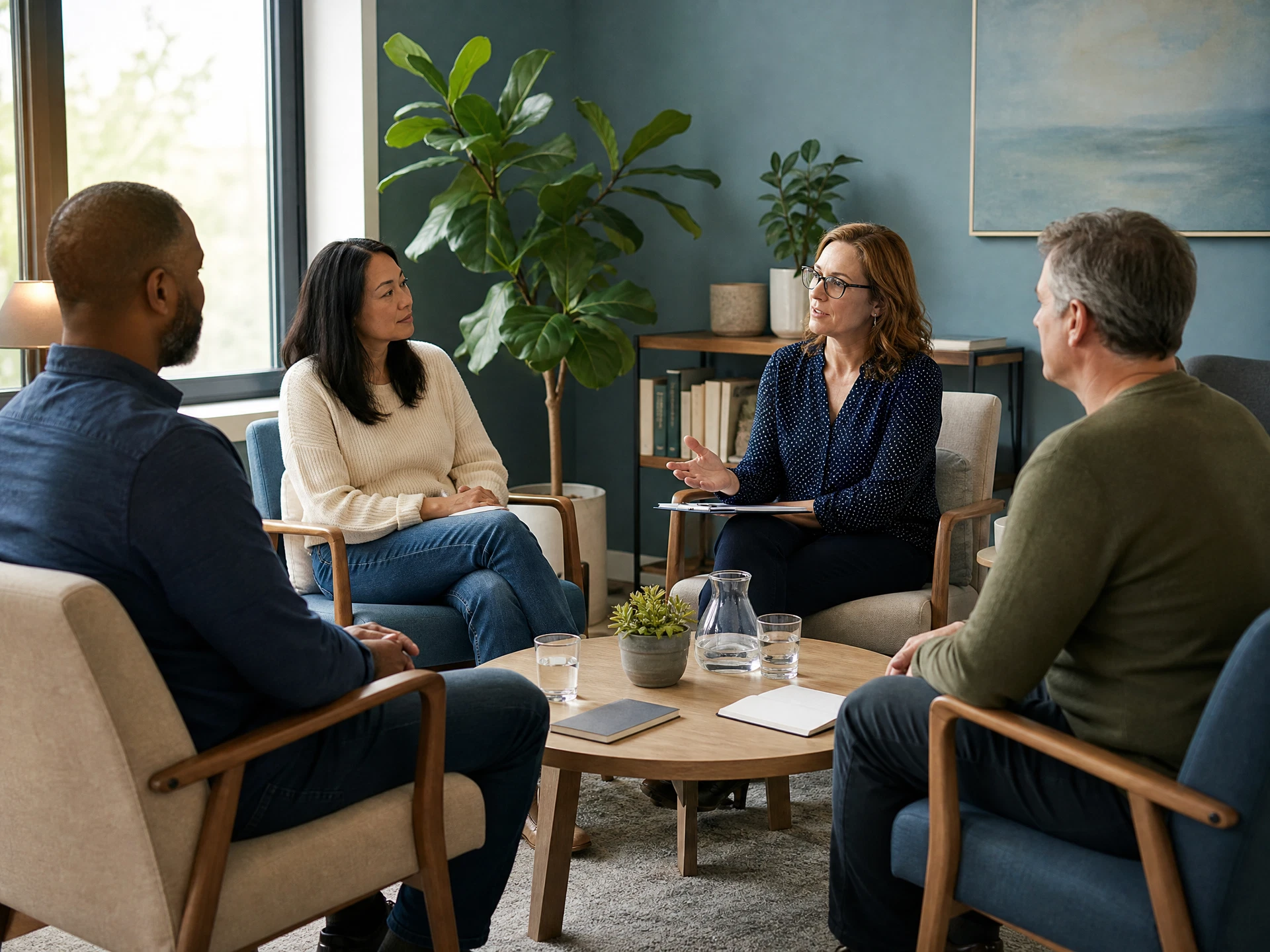 Adults participating in a calm, facilitated psychoeducational support group in a welcoming therapy office.