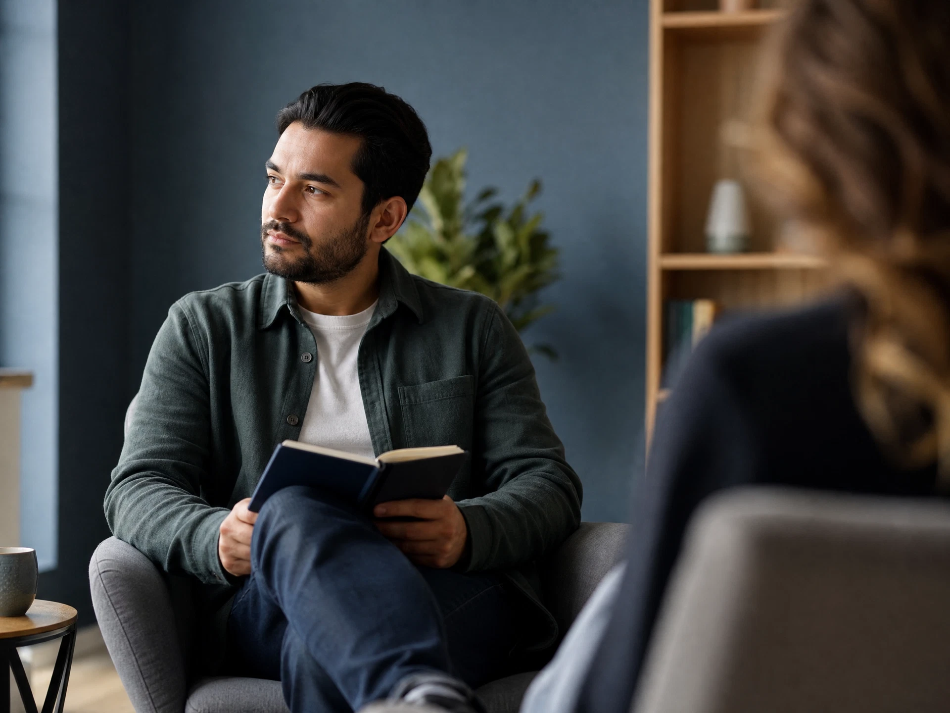 Adult man reflecting with a journal in a calm therapy office