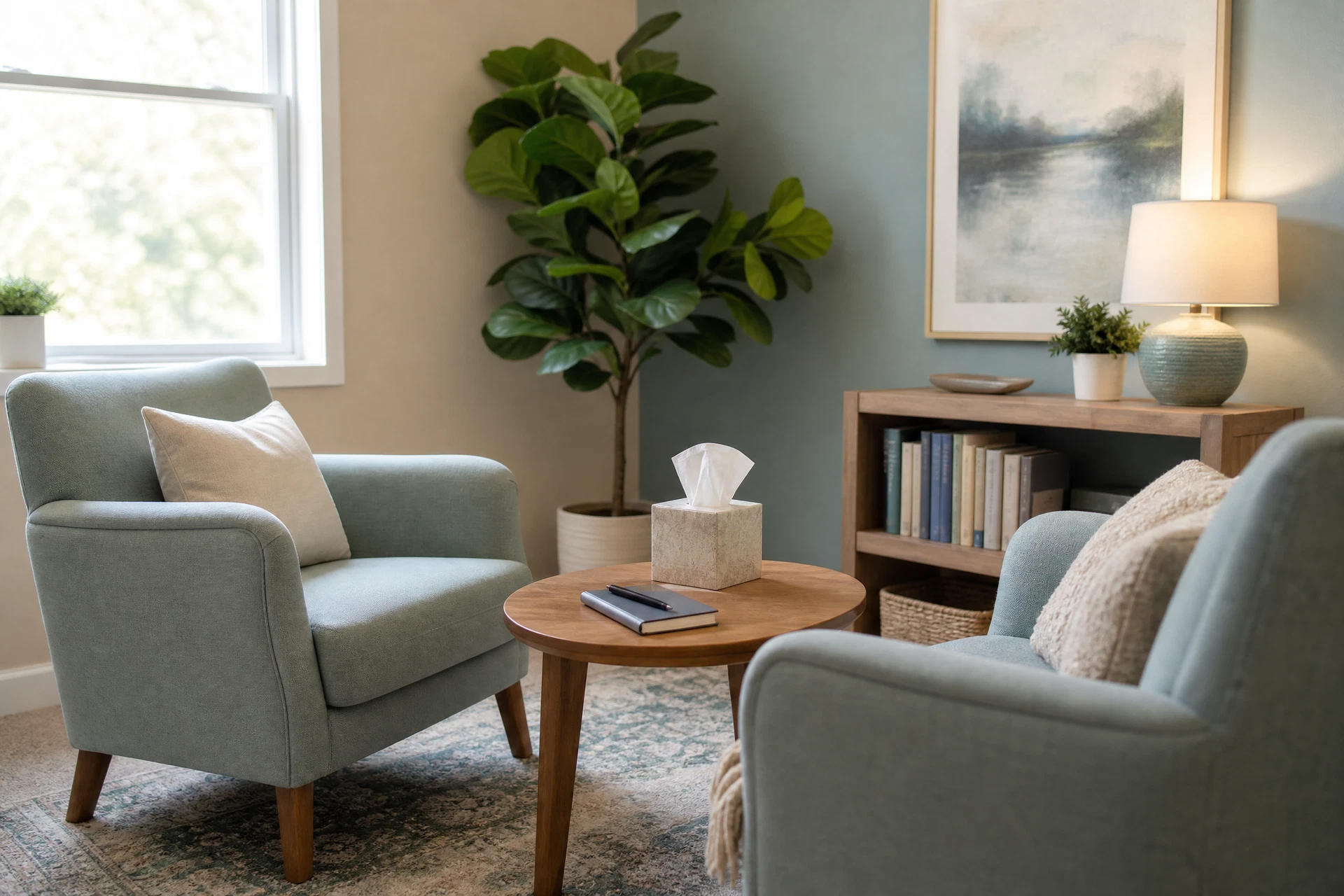 Two welcoming chairs prepared for a first therapy session in a sunlit office.